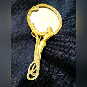Early 1900's France Art Nouveau Brass Hand Mirror